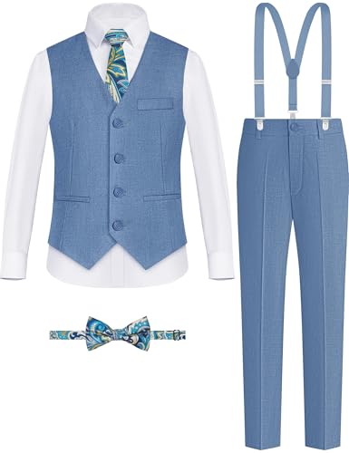 Image of Boys Suit Vest Set 4 Pieces Slim Fit Kids Blue Gray Formal Vest and Pants Set for Wedding Ring Bearer, Easter, First Communion, Confirmation, Graduation Little Boys Size 6