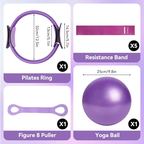 Pilates Ring Set,Pilates Essential Kit,14“/35cm Magic Circle with Dual Padded Handles,5 Resistance Bands,Yoga Ring,Mini Ball,Pilates-Set für Zuhause,für Body Toning,Flexibility,Strength,Stability