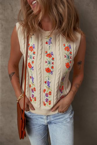 Melliflo Embroidered Floral Sweater Vest for Women Cable Knit Sleeveless Sweater Crewneck Elegance Sweater Tops2