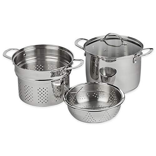 Swiss Diamond 3-In-1 Stainless Steel Cookware Set – 7.6 Quart Stock/Cooking/Pasta Pot With Strainer, Vegetable Steamer Basket, & Lid – Oven- & Dishwasher-Safe With Stay-Cool Handles #TOP1