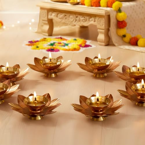 Image of TIED RIBBONS Pack of 8 Brass Akhand Diya Deepak for Decoration - Brass Diya for Puja Oil Puja Lamp - Diwali Decorations Items for Home Decor and Gifts (Golden, 6.8 cm x 6.8 cm)