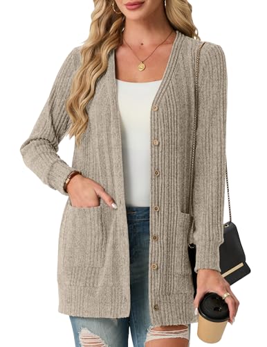GRECERELLE Damen Sommer Lang Strickjacke Elegant Leichte Lässig Cardigan V-Ausschnitt Gerippt Strickjacken mit Tasche Knöpfen (Beige M)