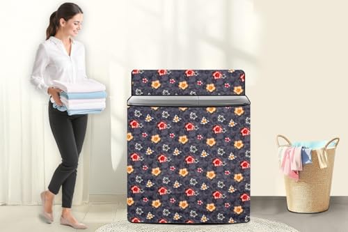 Image of The Furnishing Tree Semi-Automatic Top Load Washing Machine Cover | Waterproof & Dustproof | Easy to Clean | Inlet & Outlet Pipe Provision | Durable & Washable, Floral Grey Polyester (46x76x86.5 CM)