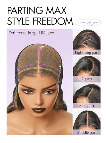 Image of LUVME HAIR 7x6 HD Lace All-Day Comfort Wig 200% Density Hair PartingMax Lace Wigs Mix Blonde Highlight Color Loose Body Wave Lace Front Wigs Human Hair Pre Cut Plucked Lace Frontal Glueless 24 Inches