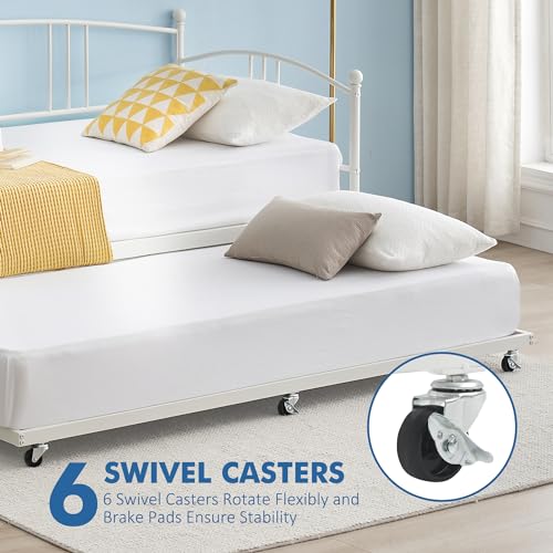 Image of Garvee Twin Daybed with Trundle, Sturdy Metal Day Bed with Arched Headboard and Steel Slat Support, Pullout Trundle with 6 Casters, Sofa Bed for Living Room Bedroom and Guest Room, White | Pullout Trundle, Six Smooth Casters, Space-Saving Design, Extra Sleeping Space, Easy Assembly, White