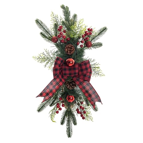 HFEHSKJ Artificial Christmas Teardrop Swags, 23.6 inch Xmas Wreaths for Door, Rustic Stair Garland with Christmas Ball and Bow, Christmas Swags Garland for Staircase Wall Window Decor (B)