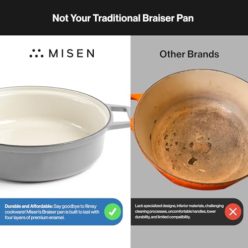 Image of Misen 5.5 QT Braiser - Enameled Cast Iron Pan for Searing, Braising & Slow Cooking - No-Chip Enamel Coating - Extra-Wide Handles - Superior Heat Retention & Even Cooking - Gray