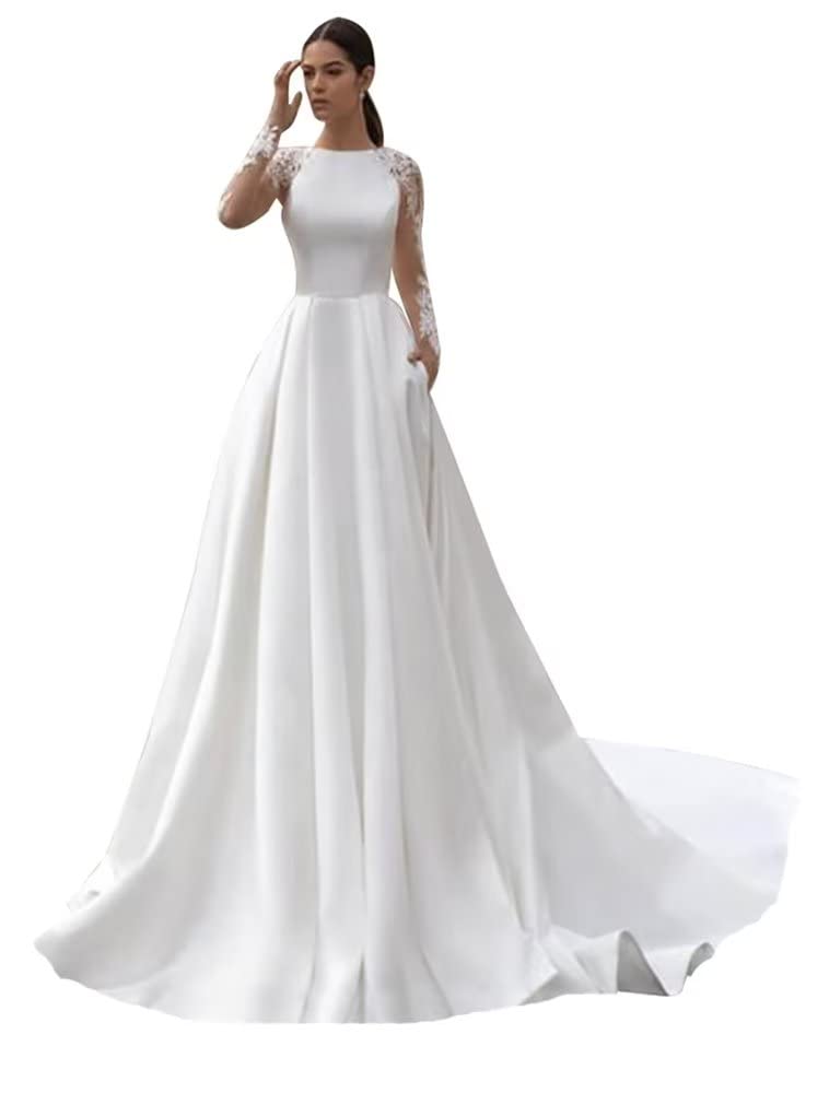 Long Sleeve Lace Wedding Dresses for Bride Satin Ball Gowns Simple V Neck Bridal Gowns for Women