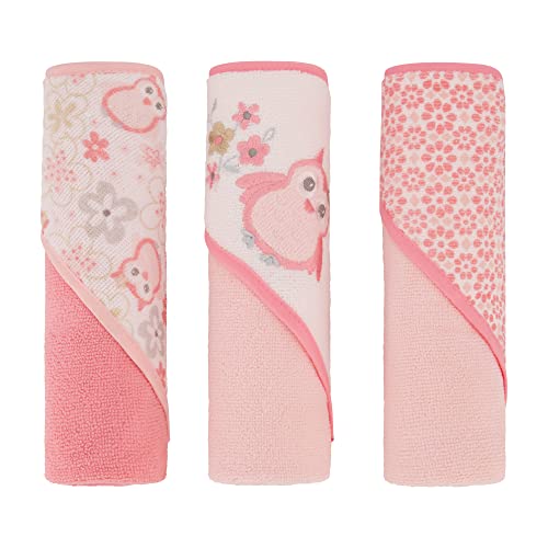 Image of Cudlie Buttons & Stitches Baby Girl 3 Pack Rolled/Carded Hooded Towels in Floral Owl Print, 3 Pack Hooded Towel (GS71726)