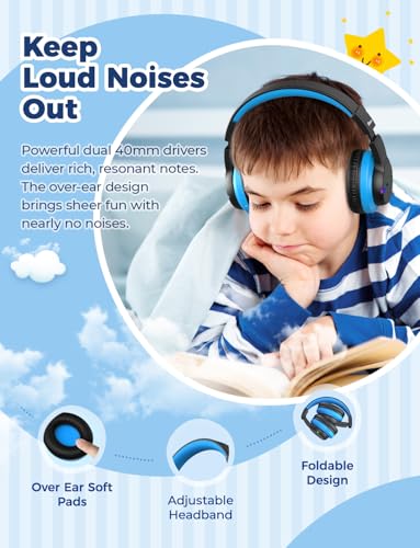 Image of iClever BTH12 Kids Bluetooth Headphones,Colorful LED Lights Wireless Kids Headphones,74 /85 /94dB Volume Limited,55H Playtime,Bluetooth 5.2,Over Ear Headphones with Mic for iPad /Tablet /Traveling,Black