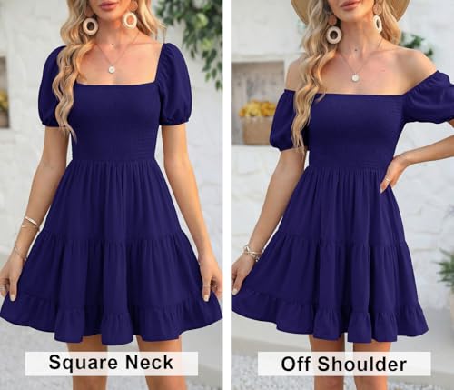 Image of Veatzaer Women's Puff Sleeve Square Neck Smocked Babydoll Dress Boho Floral Print Off Shoulder Ruffle Mini Short Dress