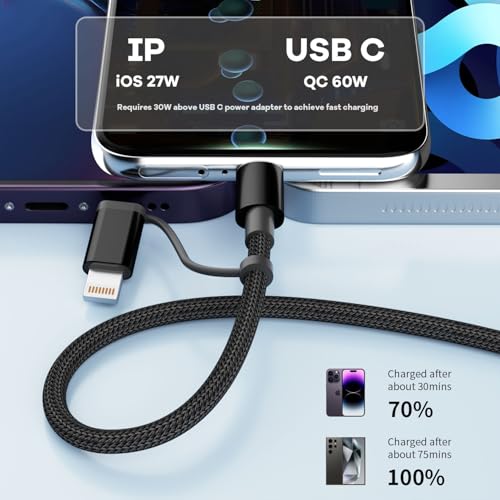 Image of USB C Cable 60W Max, 2 in 1 USB C to C /IP Cable, Fast Charging Type-C Charger, Travel Essentials iPhone 17 Charger Cord Compatible for iPhone17-8, Android, iPad and More, Carplay Cable(2Pcs 4FT Black)