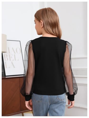 Image of WDIRARA Girl's Cut Out Round Neck Mesh Puff Long Sleeve Blouse Casual Top