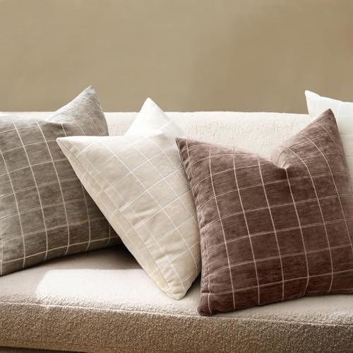 Image of MIULEE Reddish Brown Plaid Fall Decor Throw Pillow Covers 20x20 Set of 2 | Vintage Check Chenille Couch Pillows Boho Farmhouse Cushion Covers Modern Fall Home Decor for Sofa Bed Living Room
