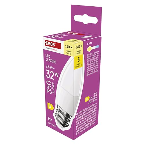 EMOS Lámpara LED Candle, 2,5 W de repuesto para bombilla de 32 W, bombilla de vela con casquillo E27, brillo 350 lm, blanco cálido 2700 K, 30.000 h de vida útil, CRI mín. 80, ángulo de haz de 240 °