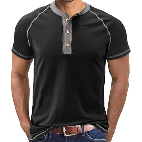 UOUA Mens Short Sleeve Henley Shirts Casual Comfortable Cotton T-Shirt Raglan Sleeve Summer Vintage Button Tops Black L Cover