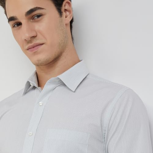 Image of Raymond Men's Pure Cotton Stripe Pattern Slim Fit Semi Cutaway Collar Full Sleeve Formal Shirt