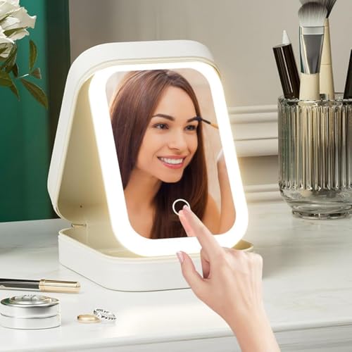 Image of LED Makeup Mirror with Storage Box | Touch Control Vanity Mirror with 3 Light Modes | Foldable Tabletop Makeup Mirror for Daily Beauty Routine