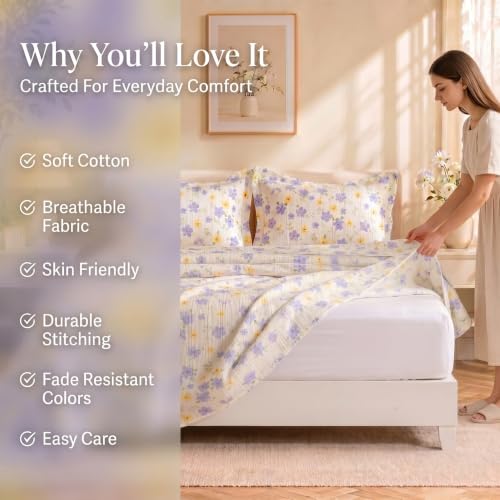 Image of SANMARINO Cloud Cotton 210 TC King Size Bedsheet with 2 Pillow Covers | Ultra Soft & Breathable | Floral Design Bedding Set | Hotel-Quality Comfort for a Luxurious Sleep | 270 x 250 cm | Lavender