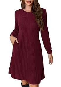 Ritiriko Damen fällen eine Linie Strickpullover Kleid Knie Länge Lässige Puff Langarmankleid mit Taschen Burgund M