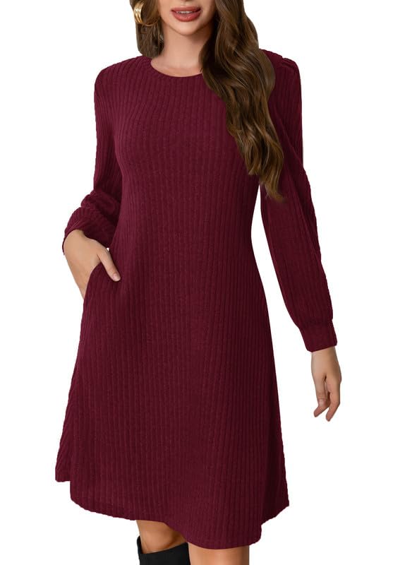 Ritiriko Damen fällen eine Linie Strickpullover Kleid Knie Länge Lässige Puff Langarmankleid mit Taschen Burgund M