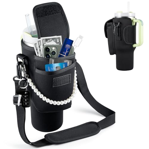 Water Bottle Carrier Bag Adjustable Neoprene Cup Holder Strap with Carabiner Clips -Sling Strap Water Bottle Carrier for Stanley 40oz Tumblers,Universal Fit for Backpacks,Bikes,Gym Bags(Black)