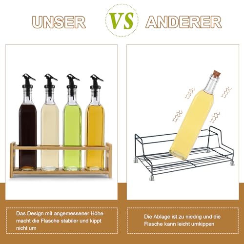Vinegar and Oil Bottle Set (4 x 500 ml), Oil and Vinegar Dispenser with Wooden Stand, Oil Bottle with Spout, Dispenser Bottle, Oil Bottle with Label and Cork