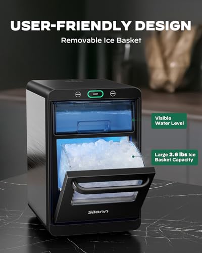 Image of Nugget Ice Maker Countertop - Silonn Pebble Ice Maker Machine Crushed Ice, Pellet Ice 44 lbs per Day, Pull-Out Water Tank and Removable Ice Basket for Home, Kitchen, Stainless Steel