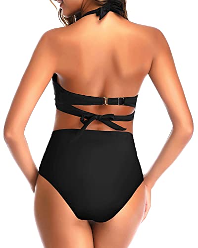 Tempt Me Women's Vintage Swimsuits Pure Black Retro Halter Ruched High Waist Bikini with Bottom L - Image 4