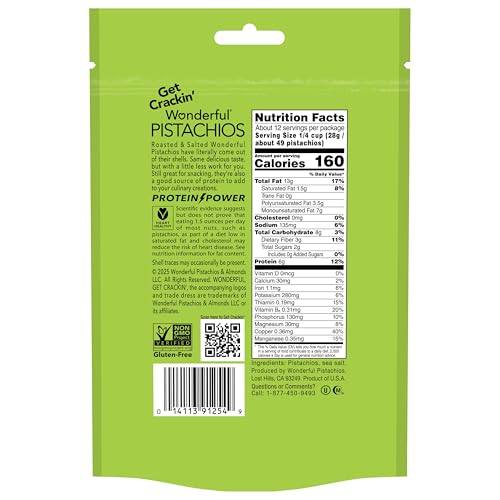 Wonderful Pistachios No Shells, Roasted & Salted Nuts, 12 Ounce Resealable Bag, Protein Snacks, Gluten Free, Healthy Snack