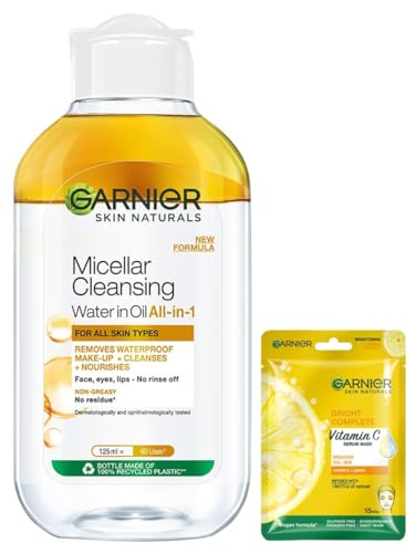 Image of Garnier Skin Naturals, Cleansing Water for Waterproof Makeup, 125ml & Garnier Skin Naturals, Face Mask, Hydrating, Brightening & Anti-Dark Spots, Bright Complete, 1 pc, 28g