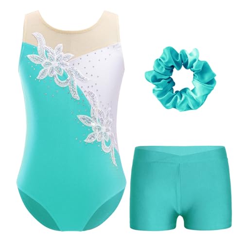 Yruioon Kinder Mädchen Gymnastikanzug Glitzer Turnanzug Ärmellos Ballettanzug Ballett Trikot mit Kurze Hose Haarband Wettbewerb Tanzkostüm Blau Grün 98-104