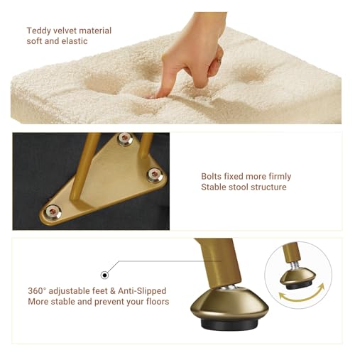 Seventable Vanity Stool Chair with Storage, Teddy Velvet Soft Ottoman, 4 Metal Legs with Anti-Slip Feet, Furry Padded Seat, Multifunctional Stool for Makeup, Footstool, Bedroom, Camel