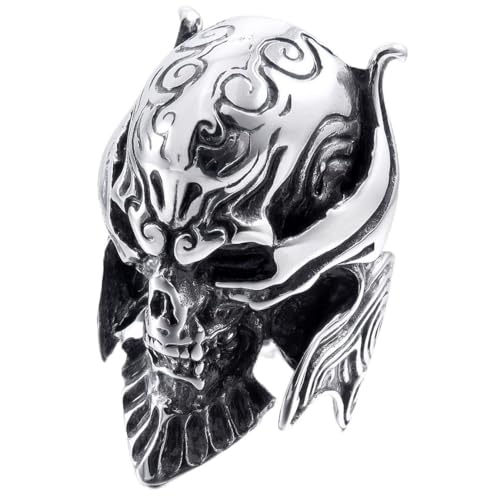 INBLUE Men's Stainless Steel Ring Silver Tone Black Devil Skull Engraved Casted Size14