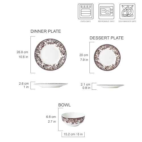 Image of Joseph Sedgh Collection Montana Chip-Resistant Porcelain Dinnerware Set, 12-Piece, Elegant Brown Floral Border