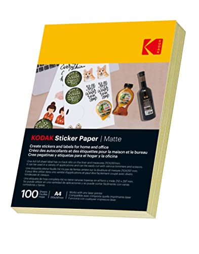 KODAK Stickerpapier A4 selbstklebende Etiketten 100 Blatt geeignet für Laser/Inkjet/Kopierer für universelle Etiketten (Matt)
