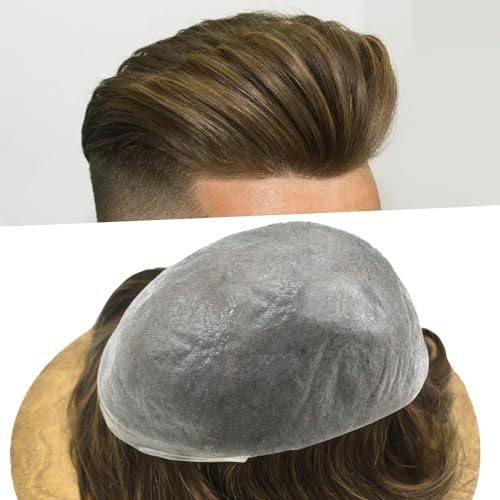 Super Thin Skin Mens Toupee 0.03mm Ultra Thin Skin Hair System For Men Human Hair Black Brown Blonde Gray V-looped Hairpiece 6''x8''-100%, 4# Medium Brown