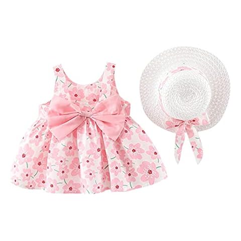 LISfsa Newborn Baby Girls Summer Dresses with Hat, Flower Printed Bowknot Cute Suspenders Princess Skirts Sundress Clothing Set, Pink 7, 3-4T Cover