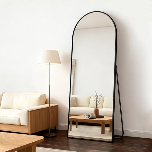 GTYZZH Espejo de Cuerpo Entero, 161 x 52 cm, con Vidrio Templado, Espejo de Pared Grande Arqueado con Soporte, Espejo de Pie Inclinado o Colgante, para Dormitorio, Salón y Vestidor, Negro