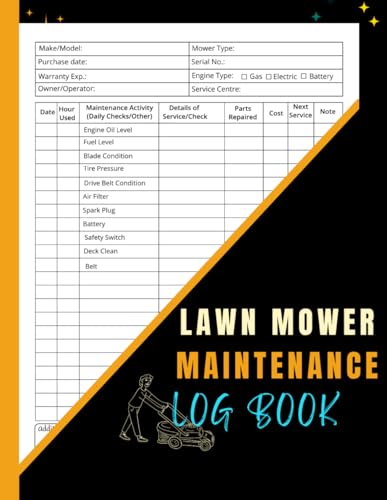 Lawn Mower Maintenance Log Book: Tracking Service Dates, Operating Hours, Repairs, Parts, and Costs with Daily Inspection Checklist. Perfect for Landscaping and Groundskeeping