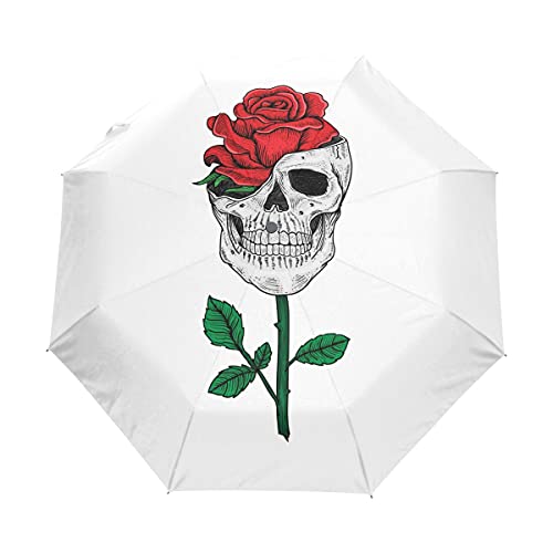 Parapluie automatique coupe-vent et anti-UV puissant à motif crâne rose dessiné main