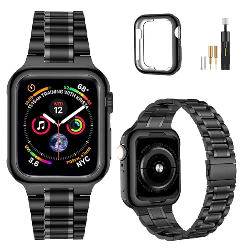 Image of MioHHR Solid Stainless Steel Band Compatible with Apple Watch 41mm, Metal Strap with Soft TPU Case for iWatch Series 9 8 7 Women and Men, Black