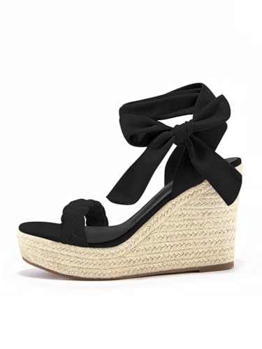 Image of Syktkmx Womens Braided Wedge Espadrille Sandals Lace Up Slingback Open Toe Summer Platform Heeled Shoes