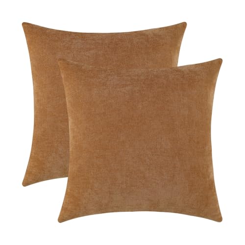 Jeneoo Golden Brown Decorative Throw Pillow Covers Soft Chenille Comfy Square Couch Cushion Cases for Living Room Sofa Decor (Set of 2, 18 x 18 Inches)