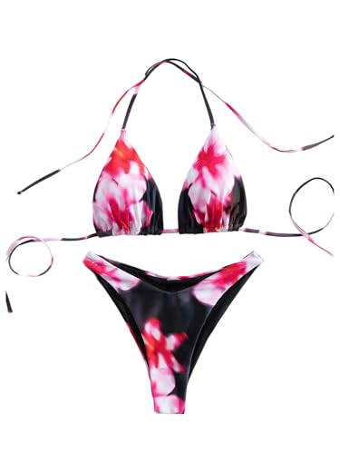 MakeMeChic Women's 2 Piece Bikini Sets Floral Halter Tie Back Ruched High Cut Beach Swimsuit