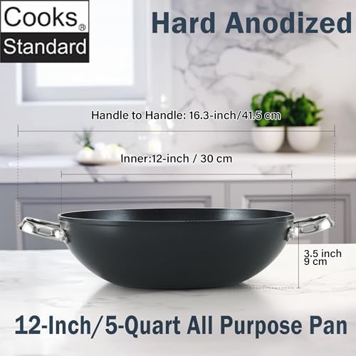 Cooks Standard Everyday Pan with Glass Lid, Chef's Pan 12-Inch Hard Anodized Nonstick All Purpose Pan 5-Quart Wok Stir Fry Pan, Black - Thumbnail 4