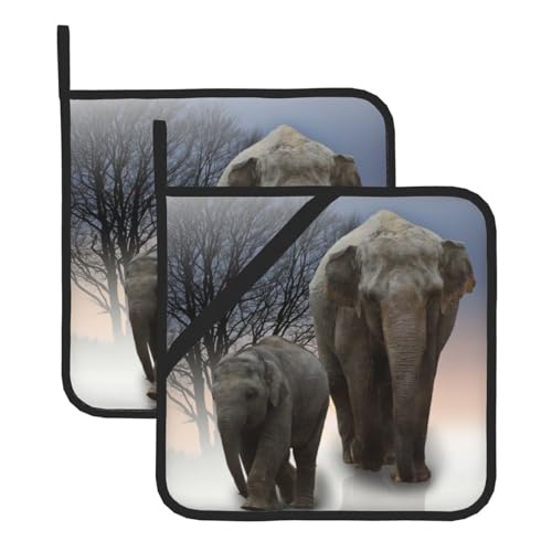 Image of Elephant in The Fog Print Pot Holder Set of 2 Kitchen Hot Pads Heat Resistant Potholder for Microwave Cooking Baking Oven BBQ