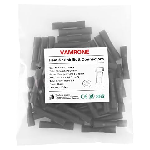 Heat Shrink Butt Connectors, 50Pcs 14-12 AWG Black Insulated Waterproof Electrical Wire Connectors Automotive Marine Grade Wire Crimp Terminals Butt Splices, Ideal for Boat, Truck, Stereo - Black Cover
