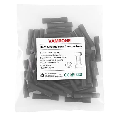 Heat Shrink Butt Connectors, 50Pcs 14-12 AWG Black Insulated Waterproof Electrical Wire Connectors Automotive Marine Grade Wire Crimp Terminals Butt Splices, Ideal for Boat, Truck, Stereo - Black