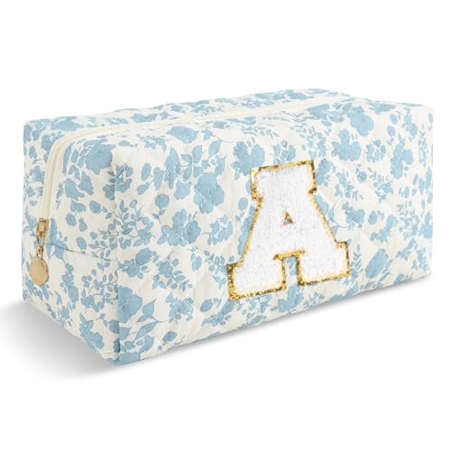 Personalized Quilted Cosmetic Bag with Monogram, Blue A